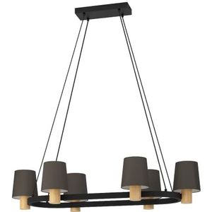 EGLO Kroonluchter Edale, 6-lamps hanglamp, ovale pendellamp voor woonkamer, slaapkamer en eetkamer, FSC100HB, eettafellamp van eiken hout en textiel in cappuccino, lamp hangend met E27 fitting