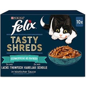 FELIX Tasty Shreds Katzenfutter nass in Sauce, Geschmacksvielfalt aus dem Wasser, 6er Pack (6 x 10 x 80g)