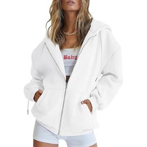Trendy Queen Oversized capuchontrui voor dames met rits, herfst/winterkleding, trendy, casual sweater, jas winter 2024, Wit, M