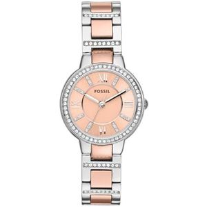 Fossil Virginia horloge voor dames, Quartz uurwerk met Stainless steel of leren band, Zilverkleur en roségoudkleur met glitter