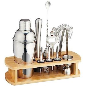 Relaxdays cocktail set met houder - 12-delig - cocktail shaker set - rvs & bamboe - zilver