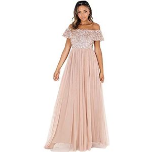 Maya Deluxe Stoffige blauwe bardot verfraaide maxi-jurk voor dames bruidsmeisje, Taupe Blush, 48