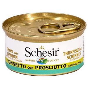 Schesir Cat in bouillon tonijn met ham, kattenvoer nat in eigen kookbouillon, 24 blikjes x 70 g, 1 stuk (verpakking van 24 stuks)
