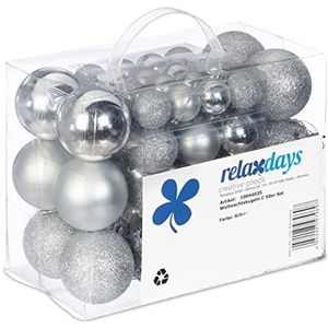 Relaxdays kerstballen, set van 50, mat, glanzend en met glitters, kunststof, kerstboomballen ∅ 3, 4 & 6 cm, zilver
