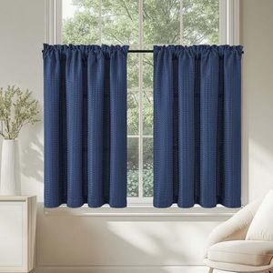 TOPICK Gordijnen dikke vitrage, met wafelpatroon, voor kleine ramen, keuken, woonkamer, landhuis, 90 x 90 cm, blauw, set van 2