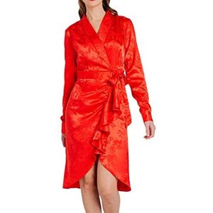 Pretty Darling Vrouwen rode jacquard satijnen wrap v-hals lange mouw stropdas up knie lengte cocktailjurk, 10, Rood, 36