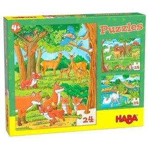 HABA 305468 Puzzels dierenfamilies, puzzeldoos met 3 diermotieven voor kinderen vanaf 4 jaar, kinderpuzzels met elk 24 delen, ter bevordering van de fijne motoriek en oog-handcoördinatie
