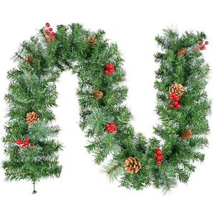 180 cm kerstslingers met sneeuwvlokken decoratie, 160 takpunten grenen blad, 8 dennenappels, 8 rode bessen, kunstmatige groene rotankransen, kerstdecoraties, hangtrap raam muur