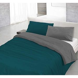 Italian Bed Linen Natuurlijke kleur Dekbedovertrek Set met Doubleface Effen Kleur Tas Sheet en Kussensloop, 100% Katoen, Petrolgroen/Donkergrijs, enkel