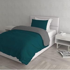 Italian Bed Linen Natuurlijke kleur Dekbedovertrek Set met Doubleface Effen Kleur Tas Sheet en Kussensloop, 100% Katoen, Petrolgroen/Donkergrijs, enkel
