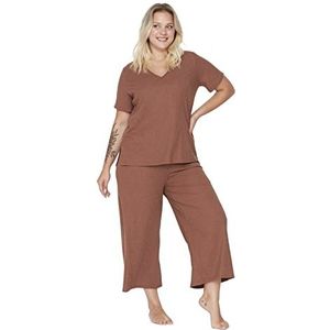 Trendyol Dames effen gebreide T-shirt-broek plus grootte pyjama set, Bruin, 4XL grote maten