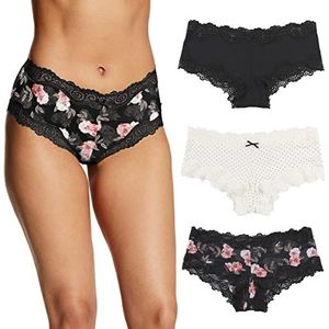 Maidenform Women's Underwear Pack, Low-Rise Cheeky Fit, Scalloped Lace Hipsters, 3-Pack, Black/Pearl Dot Print/Oil Flower