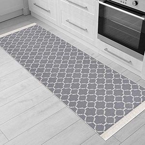 Fashion4Home Tapijtloper - Kleed voor woonkamer, slaapkamer, keuken, kinderkamer, badkamer - Boho Kelim kleden - loper gang kleed lichtgrijs-wit, afmetingen: 60 x 180 cm