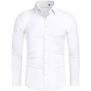 Alimens & Gentle Stretch Mens Dress Shirts Slim Fit Long Sleeve Casual Skinny Muscle Fit Wrinkle Free Button Down Shirt White
