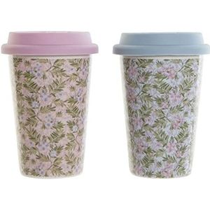 Mok DKD Home Decor Blauw Groen Roze Siliconen Porselein Bloemen (400 ml) (3 stuks)