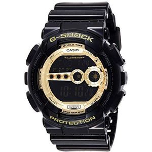 Casio Uniseks horloge van zwarte hars met lcd-display en auto-ledlicht, schokbestendig en waterbestendig, Goud/Zwart, Armband