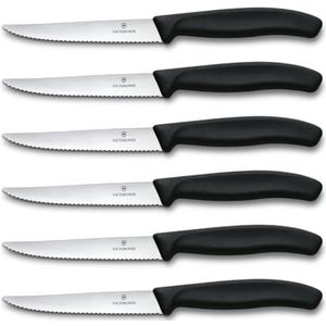 Victorinox Professional Swiss Classic Steakmessenset, 6-delig, ultrascherp lemmet, gegolfd draad, 11 cm, stevige kunststof handgreep, roestvrij staal, Zwart