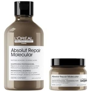 L’Oréal Professionnel, Routine voor zeer beschadigd haar, set met Shampoo en Masker, Herstelt de Moleculaire Structuur Van het Haar, Met Peptiden Bonder en 5 Aminozuren, Absolut Repair Moleculair