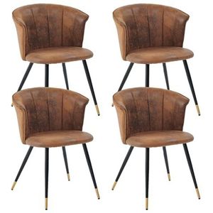 MEUBLE COSY Eetkamerstoelen, set van 4, keukenstoel, retro gestoffeerde stoel met armleuning, fauteuil, vintage, kunstsuède, metalen poten, bruin + goud, imitatieleer, 55 x 58 x 75,5 cm