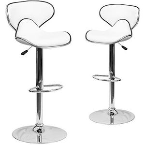 Flash Furniture 2 stuks in de verpakking hedendaagse gezellige barkruk met 1/2 rugleuning en met verstelbare hoogte van wit vinyl met chromen voet.