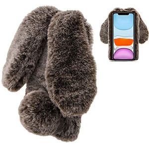 Konijn Hoes voor iPhone 11 6,1 Inch, LCHDA Pluizig Schattige Kunstmatig konijnenbont Haar Leuk Lange Oren Pluche Zacht Harig Warm Siliconen Bumper van TPU Case Beschermende Telefoon Hoesje - Bruin