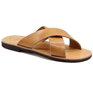 42 Beige Emmanuela Griekse lederen sandalen met dwarsriem voor mannen, hoge kwaliteit handgemaakte heren sandalen, mannen x riemen zomerschoenen