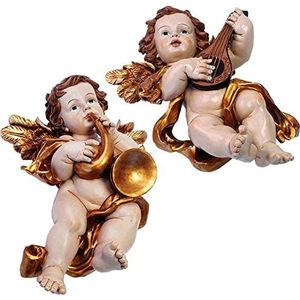 DRW Set van 2 engelen met wandophanginstrumenten, goudkleurig, 45 cm hoog