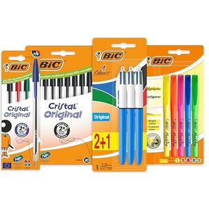 BIC Balpennen, kleurpennen, 4 kleurenpennen, markeerstiften en zwarte pennen, perfect voor school- en kantoorgebruik, briefpapier set van 22 pennen