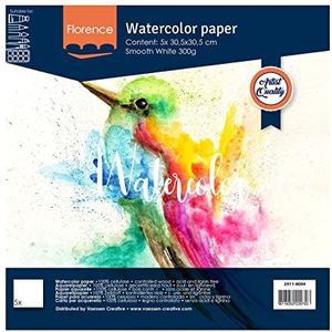 VARTA Vaessen Creative Florence Aquarellpapier, 30,5 x 30,5 cm, Weiß, aus 300 g/m² Glattem Papier, 5 Blatt für Aquarellmalerei, Handbelettering und Borstel Lettering, Glad 300gsm, 12 x 12