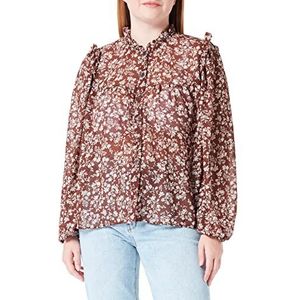 DreiMaster Vintage Dames ruches blouse Bridgeport 37324864, donkerbruin wit, XL, mosterd wit, S