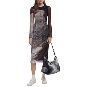 Desigual - Printed Long Sleeve Round Neck Dress - Bruin - Jurken
