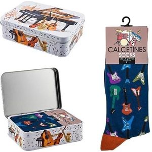 DRW Cadeauset sokken met elektrische gitaren, blauw, eenheidsmaat in metalen doos, eenheidsmaat