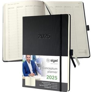 SIGEL C2518 Planningsboek, afsprakenplanner, weekkalender 2025, extra groot, A4+, 1 week = 2 pagina's, 1 kolom per dag, zwart, hardcover, 192 pagina's, penlus, archieftas, conceptum