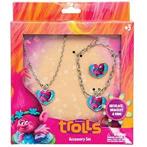 Joy Toy 65176 Trolls papaver armband/ketting en ring metalen sieraden set in cadeauverpakking