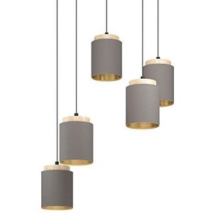 Eglo Albariza Hanglamp, 5 lichtpunten, E27, vintage/modern design, van staal, hout en textiel in zwart/natuur/cappuccino/goud, voor eetkamer en woonka