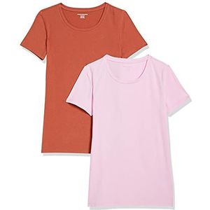 Amazon Essentials Women's T-shirt met korte mouwen en ronde hals in klassieke pasvorm, Pack of 2, Lichtroze/Terracotta, XXL