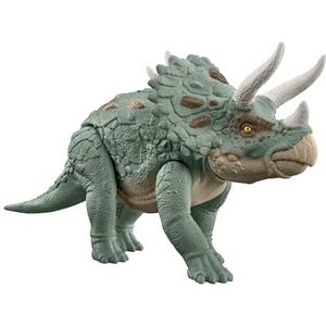Mattel Jurassic World Gigantische Trackers Triceratops, dinosaurus, actiefiguur, speelgoed van grotere soort, kopstootaanval, geëvolueerde hoorn, digitaal spel HTK79