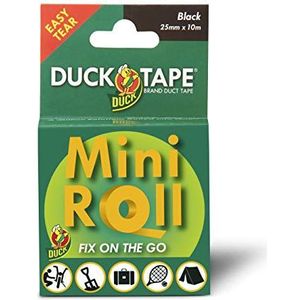 Duck Tape Mini-roller, gaffer- en buisplakband, zwart, zeer sterk, waterdicht, textielreparatieband, 25 mm x 10 m