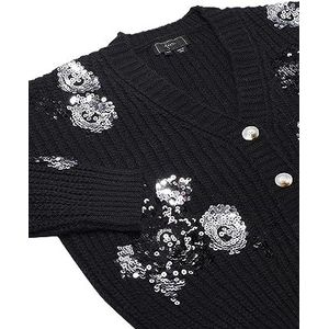 faina Dames Fashion Cardigan met pailletten en bloemen ronde hals ZWART Maat XS/S, zwart, XL