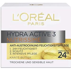 L'Oréal Paris Hydraterende dagcrème voor het gezicht, gezichtscrème voor de gevoelige en droge huid, hydraterende dagcrème met karité boter, Hydra Active 3 Nutrissime, 1 x 50 ml