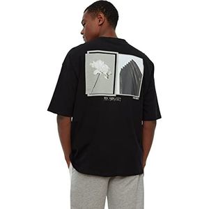Trendyol Heren zwarte mannen oversized ronde kraag korte mouwen print T-shirt, zwart, extra klein