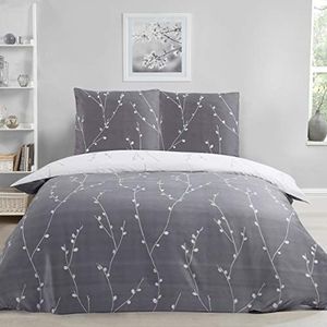 Sleepdown Willow Floral Grijs Ultra Zacht Onderhoudsvriendelijk Hypoallergeen Gedrukt Wit Omkeerbaar Dekbedovertrek Quilt Beddengoed Set - 155cm x 220cm + 2 Kussenslopen 80cm x 80cm