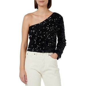 NAEMI Dames One-Shoulder Pailletten Top, zwart, M