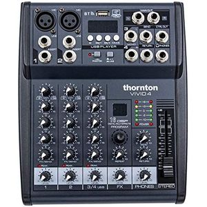 Thornton Vivid 4-4-kanaals mixer met ingebouwde 2-kanaals USB-geluidskaart, effecten, Bluetooth en mp3-speler