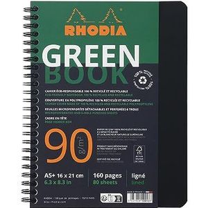 Rhodia 119915C - Rhodiactive Greenbook ligné 5/5 avec cadre-en-tête, A5+ reliure intégrale, 160 pages microperforées, perf.6 trous, papier recyclé 90g FSC®