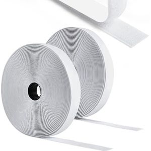 Romon Belcro Dubbelzijdig plakband, 5 m, sterke lijm, haak en lus, zelfklevend, 20 mm breed, herbruikbaar, nylon, dubbelzijdig plakband voor kantoor, muggennetten, thuis, wit