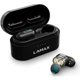 Lamax Duals1 Bluetooth hoofdtelefoon 5.0 USB-C, in-ear hoofdtelefoon met dubbele driver, tot 28 uur luisterduur, aluminium behuizing met batterij-indicator, 3 stopmaten, passieve ruisonderdrukking