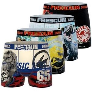 FREEGUN Jurassic World Boxershorts voor kinderen, origineel, ultrazacht en ademend (4 stuks), blauw/beige/rood/zwart/geel, 8-10 Jaar