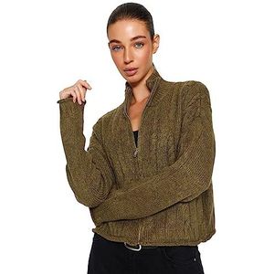 Trendyol Dameshaarvlecht, lange mouwen, regular gebreide jas, Kaki, L