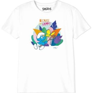 Les Schtroumpfs Because I'm Happy Butterfly BOSMURFTS028 T-shirt voor jongens, wit, maat 08 jaar, Wit, 8 Jaren